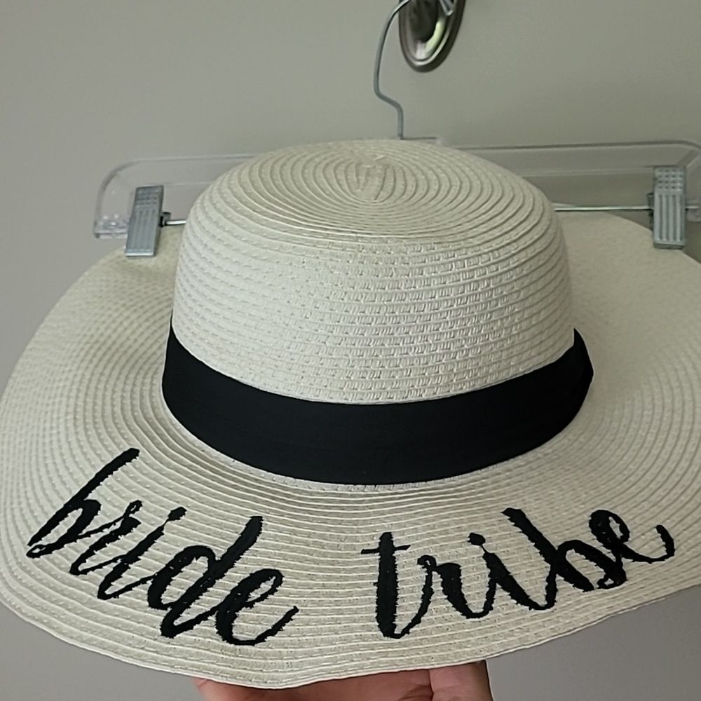 Bride Tribe Sun Hat. Full Brim White with Black Lettering 100% Paper. Floppy Hat